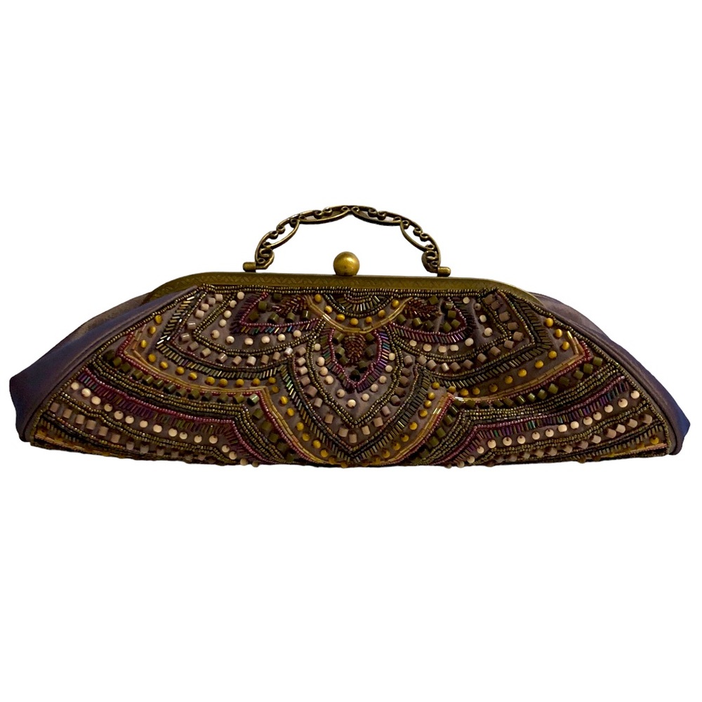 Hand Beaded Frame Clutch Cocktail Jewelry Chain Handle Vintage Gold Lavender Bag